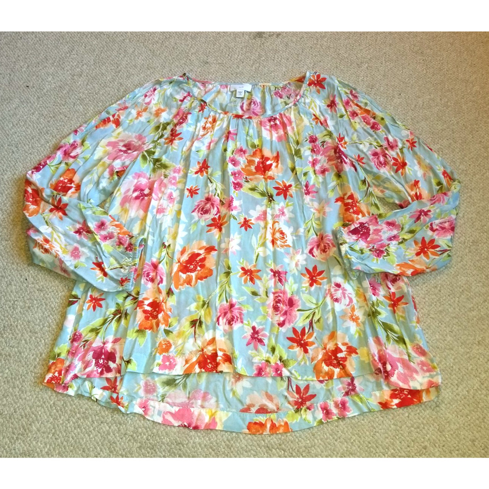 Womens Top-J. JILL-blue/pink/orange floral rayon hi-low cold shoulder tunic-PM